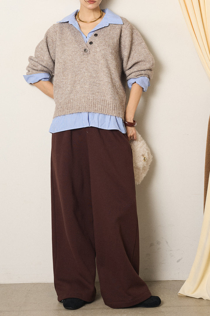 [SET]ストライプシャツドッキングニットポロトップス+裏起毛スウェットワイドパンツ(2set)