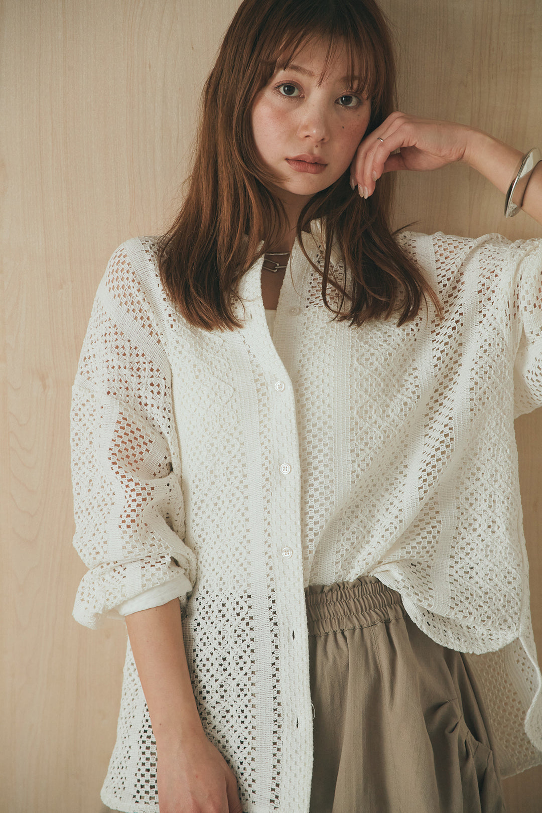 [SET]長袖襟付きレースシャツ+ポケットタックフォルムパンツ(2set)