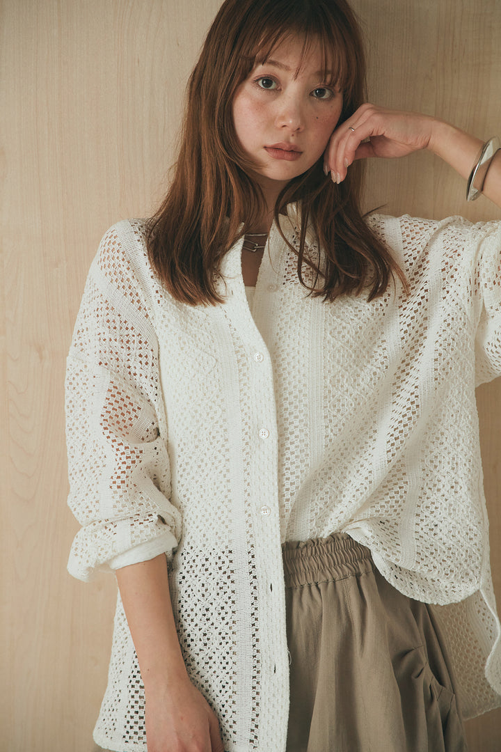 [SET]長袖襟付きレースシャツ+ポケットタックフォルムパンツ(2set)