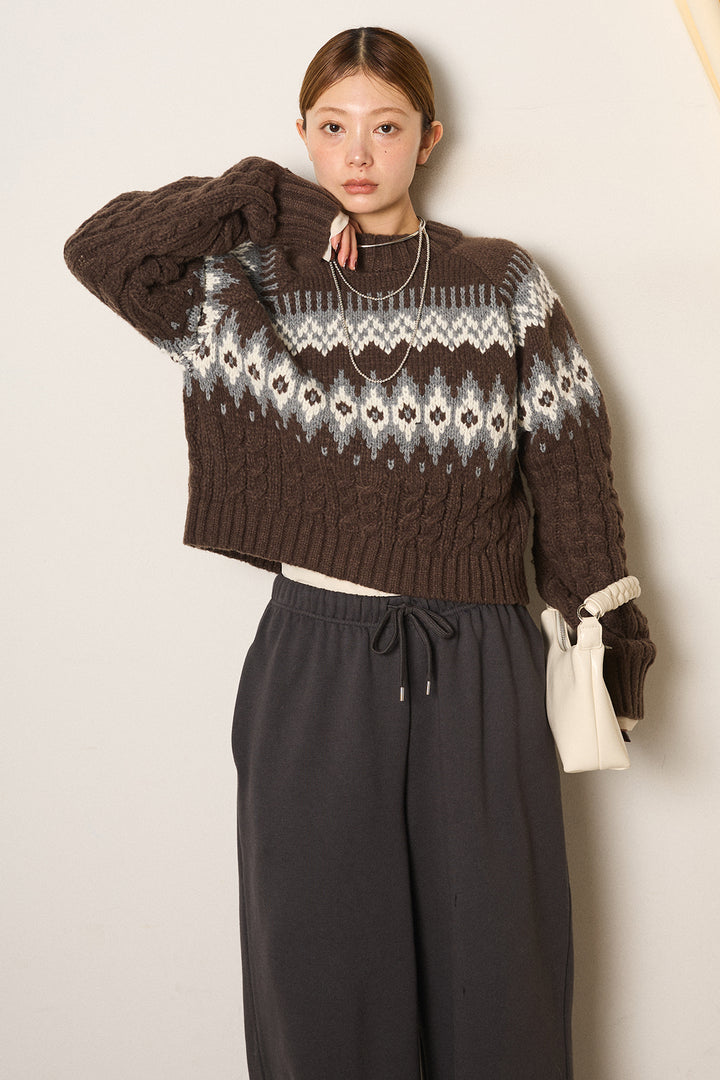 [SET]2WAY求心柄ジャガードショートカーディガン+裏起毛スウェットワイドパンツ(2set)