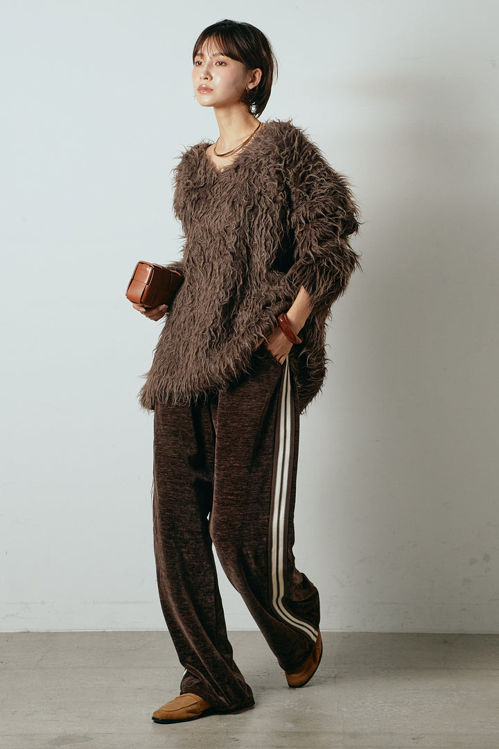 [SET]深Vネックシャギーニットトップス+リラックスサイドラインベロアワイドパンツ(2set)