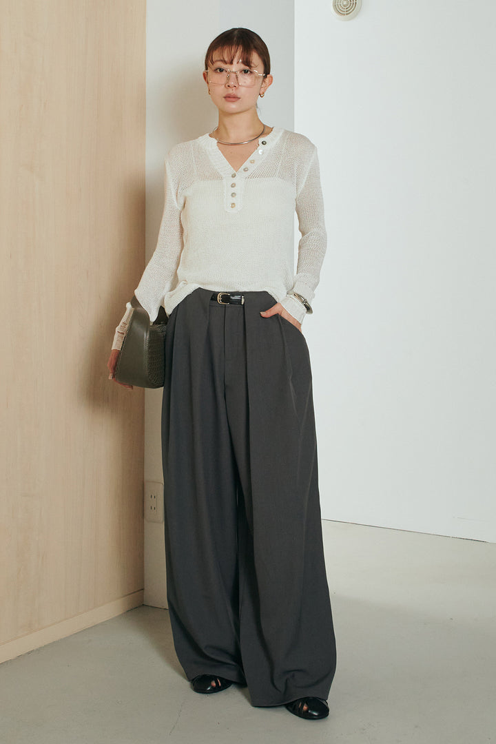 [SET]ヘンリーネックダメージニットプルオーバー+ビックベルトループタックベルト付きワイドパンツ(2set)
