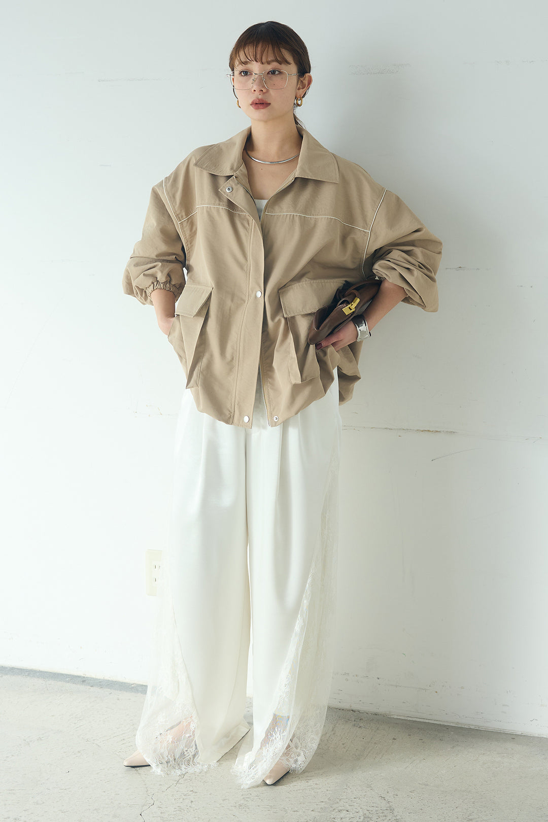[SET]合繊ツイルバルーンジャケット+サテンレース切り替えタックパンツ(2set)