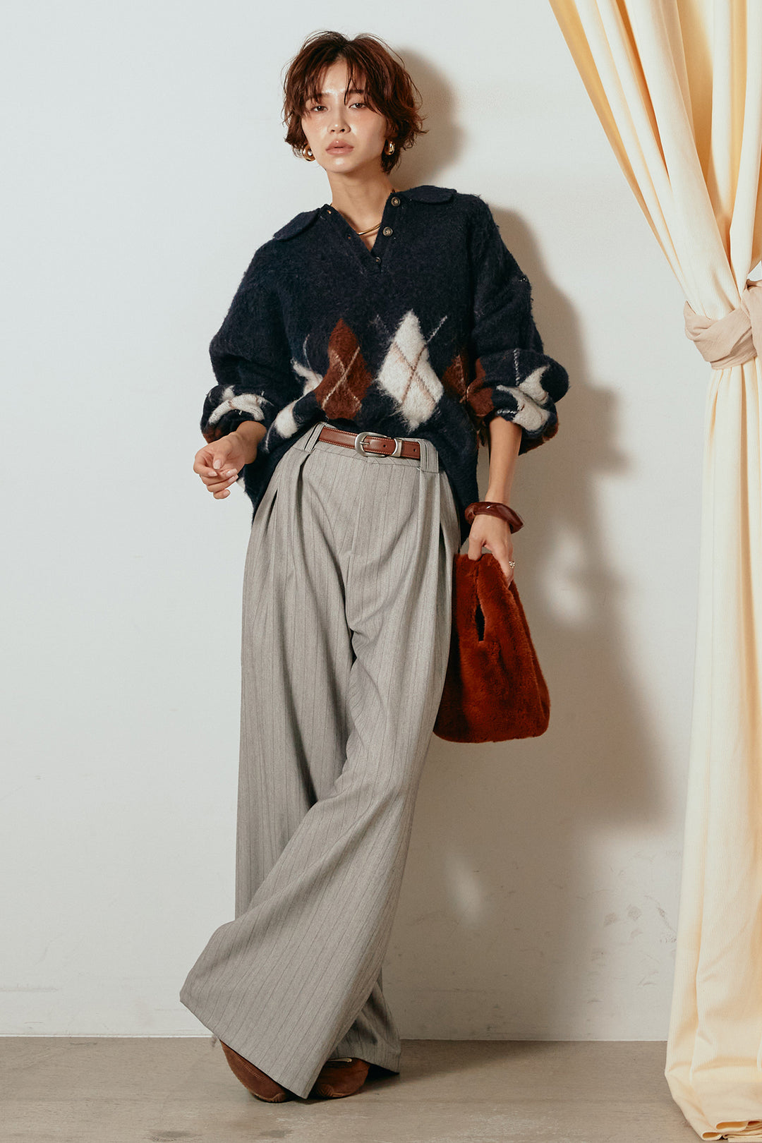 [SET]アーガイル柄ポロニットトップス+ストライプヘリンボーンパンツ(2set)