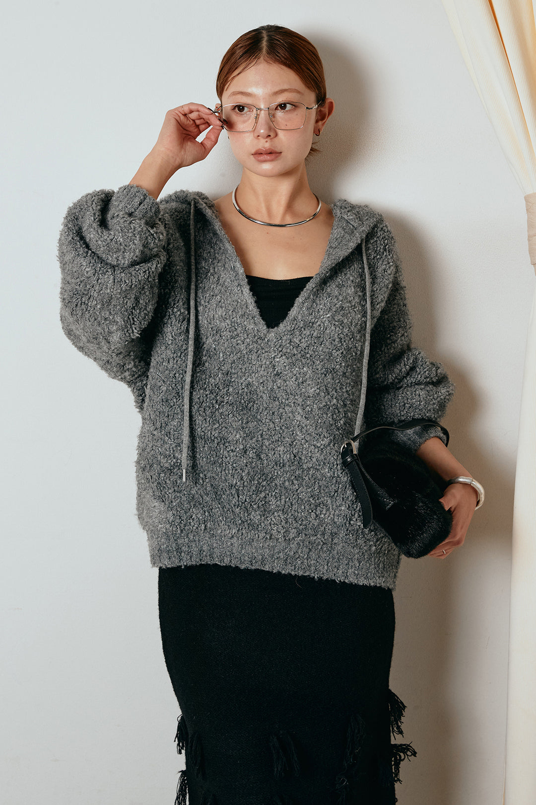 [SET]ブークレキーネックプルオーバー+ポイントフリンジニットナロースカート(2set)