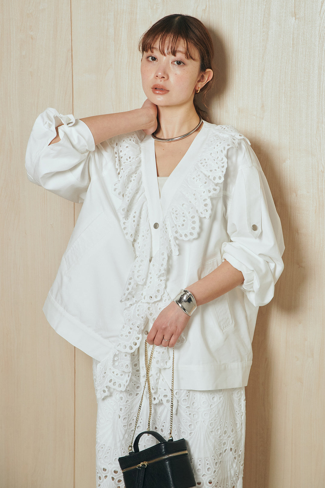 [SET]レースフリルドッキングアウター+レース刺繍リラックスパンツ(2set)