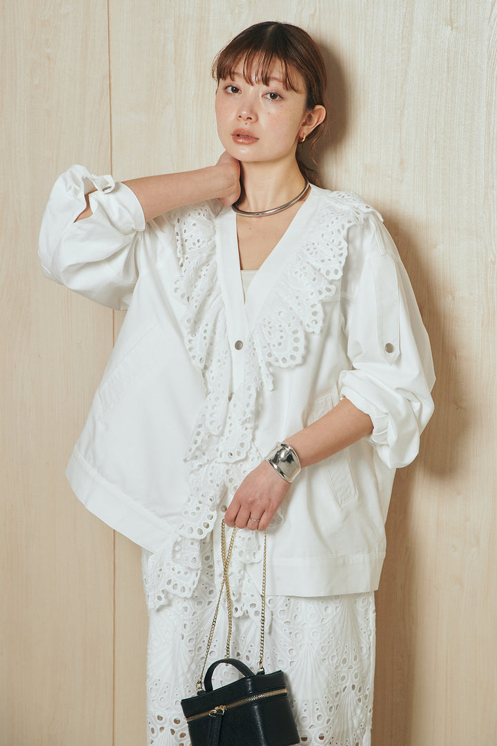 [SET]レースフリルドッキングアウター+レース刺繍リラックスパンツ(2set)