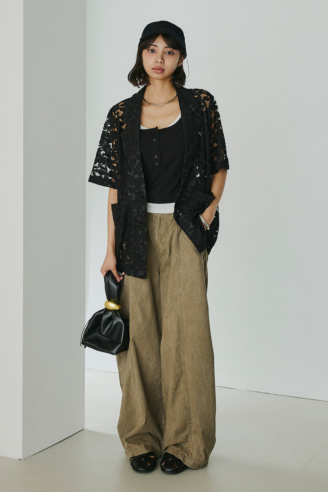 [SET]シアージャガードハーフスリーブテーラードジャケット+サイドベルトカーブワイドパンツ(2set)