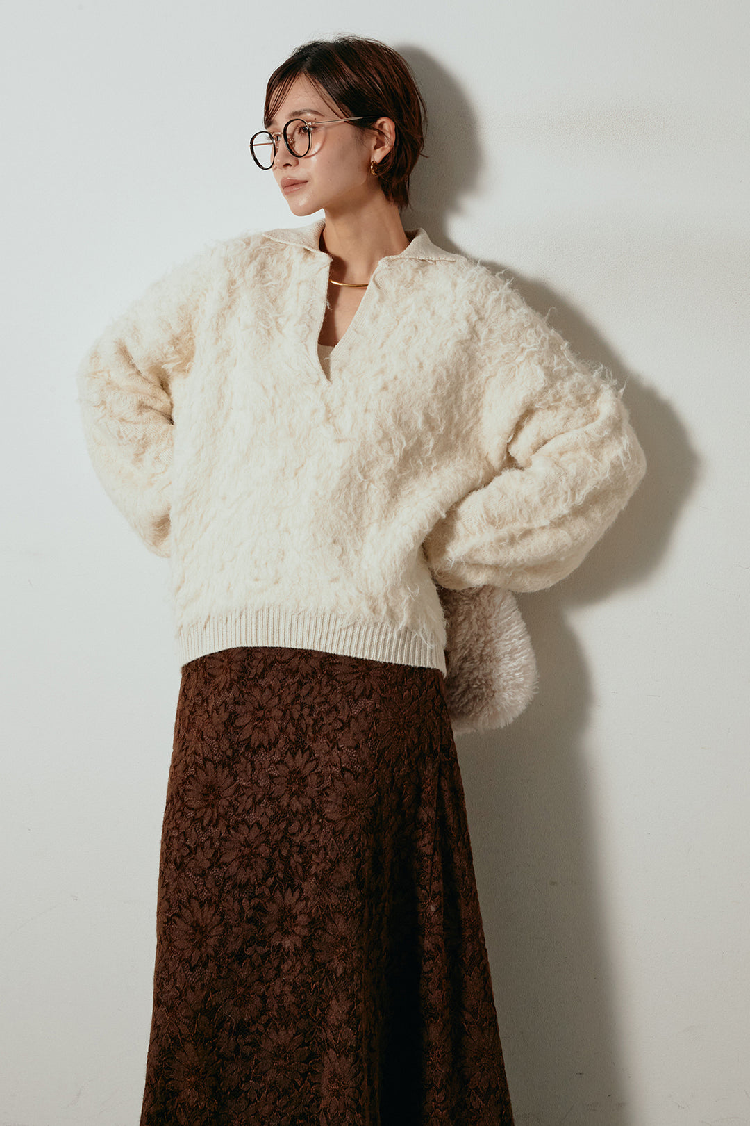 [SET]襟付きシャギーニットポロトップス+花柄刺繍ベロアフレアスカート(2set)