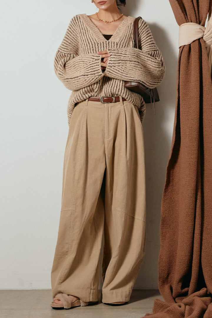 [SET]アルパカタッチ深Vニットトップス+タック入りコーデュロイワイドパンツ(2set)
