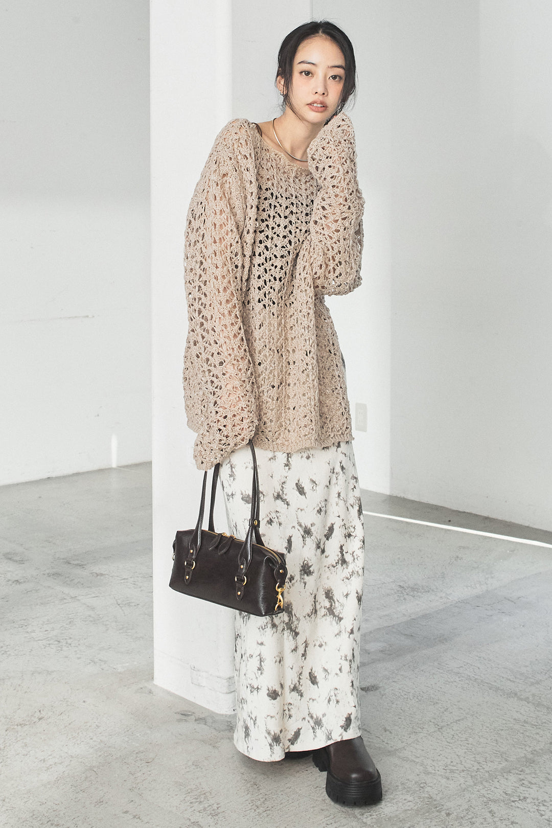 [SET]リラックスメッシュニットトップス+タイダイ柄ベロアワイドスカート(2set)