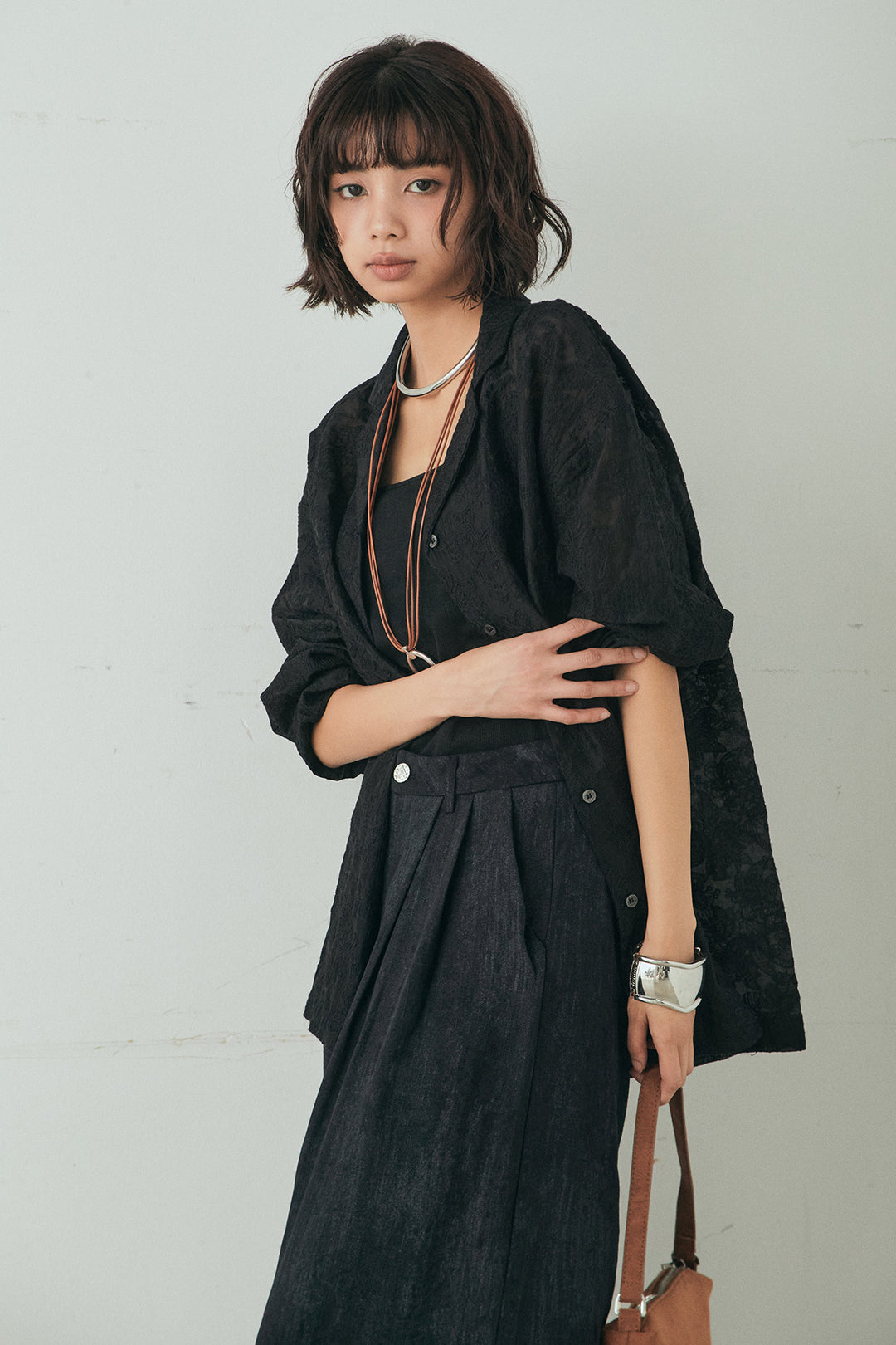 [SET]刺繍シアーオープンカラーシャツ+リネン混かすれ柄ワイドパンツ(2set)