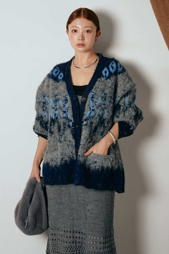 [SET]シャギーニュアンス柄ニットカーディガン+裾透かし編みキャミソールニットワンピース(2set)