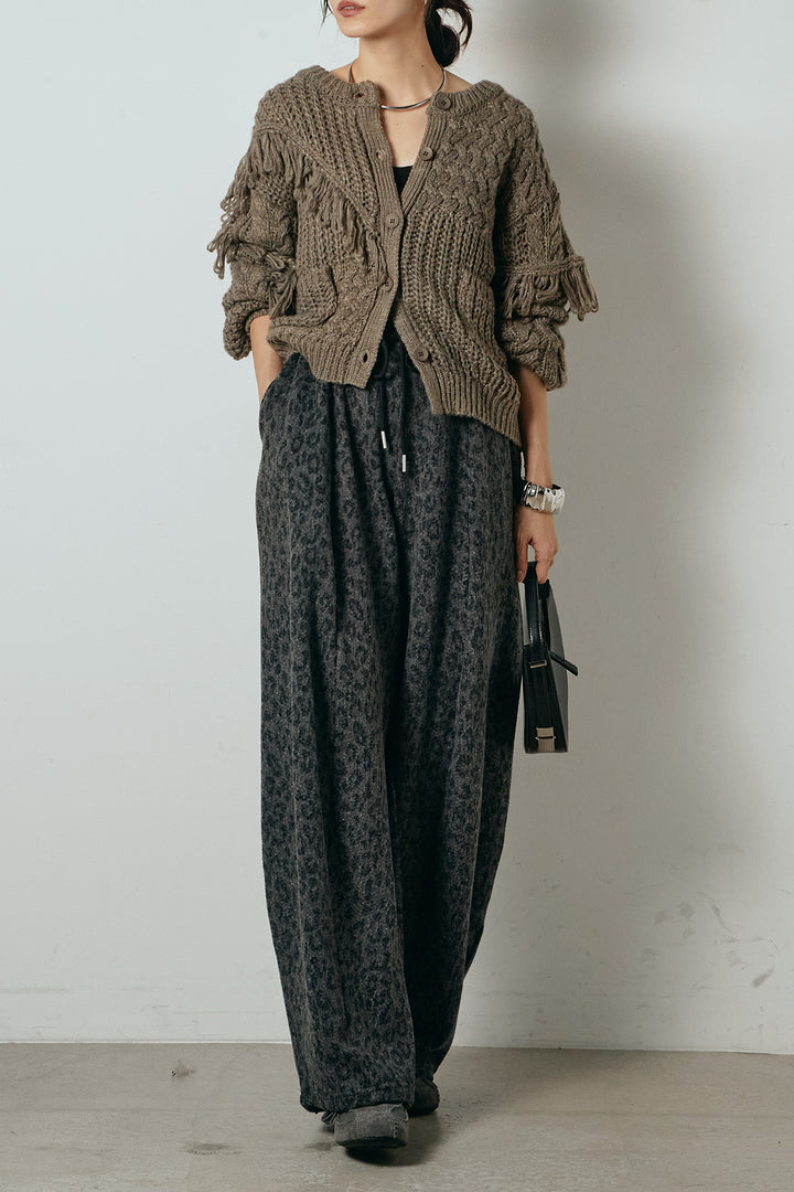 [SET]ランダムフリンジニットカーディガン+リラックスレオパード柄ワイドパンツ(2set)