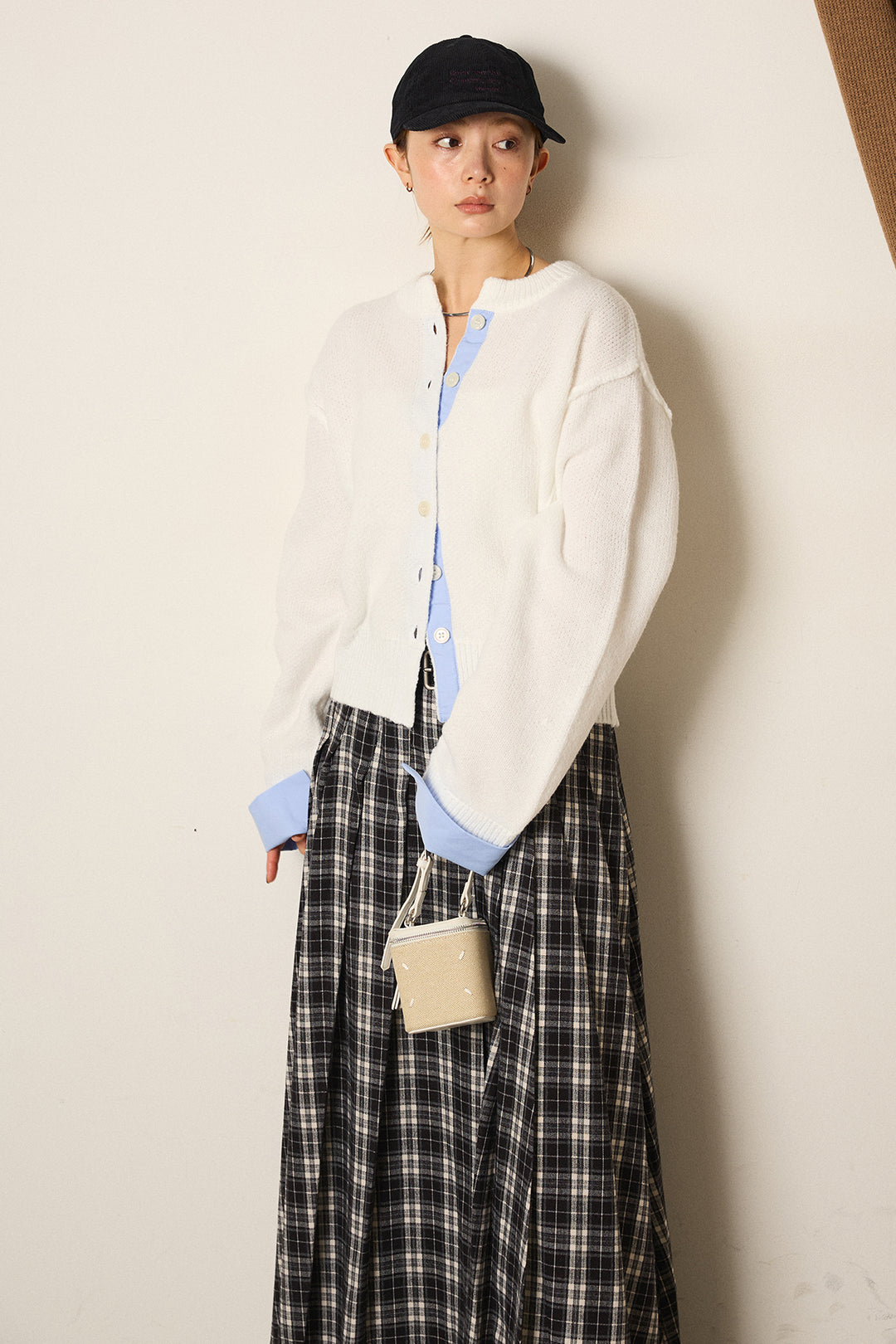 [SET]シャツドッキングニットカーディガン+ベルト付きタータンチェックプリーツスカート(2set)