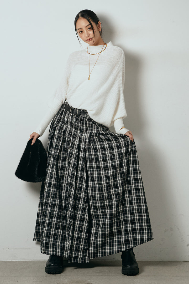 [SET]ポンチョシルエット透かしニットトップス+ベルト付きタータンチェックプリーツスカート(2set)