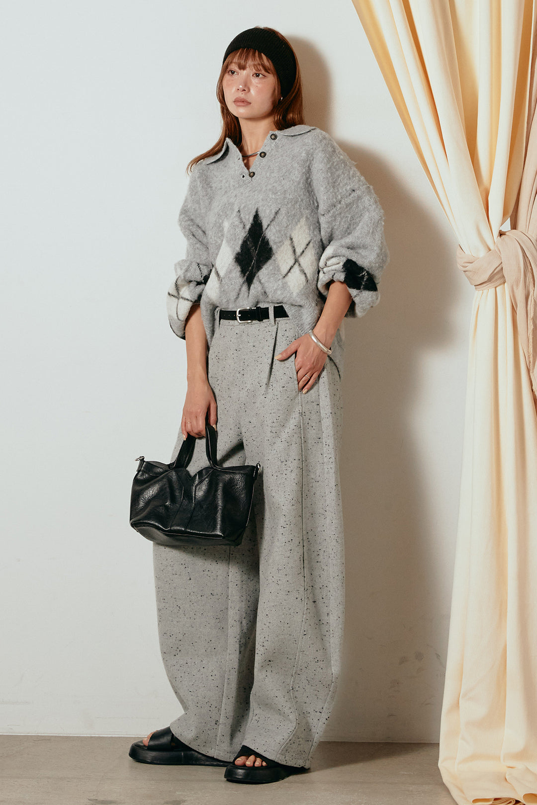 [SET]アーガイル柄ポロニットトップス+ベルト付きネップツイードカーブパンツ(2set)