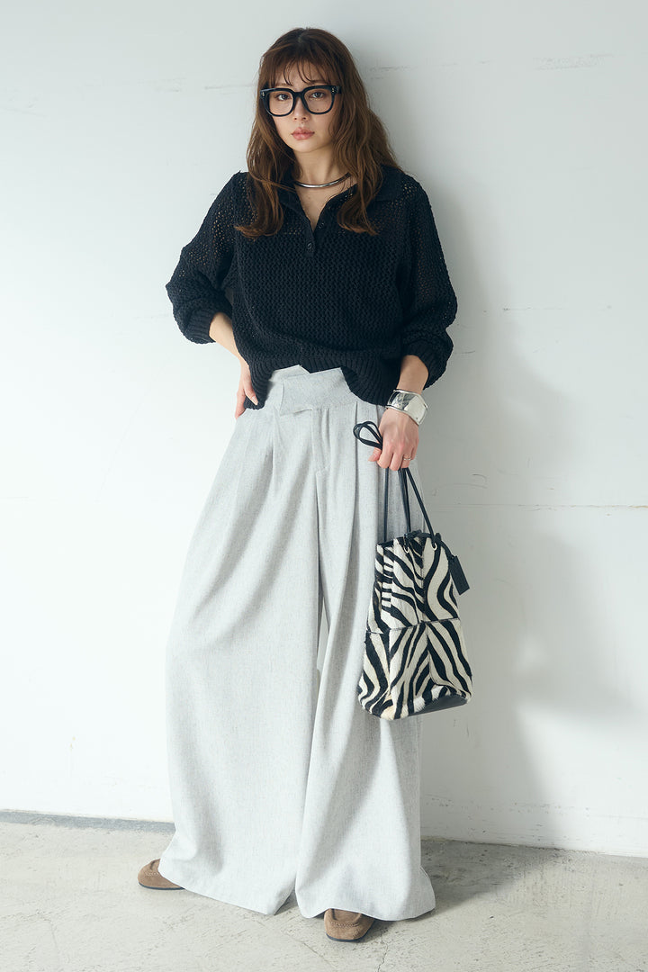 [SET]ミックスメッシュポロニット+麻混タックワイドパンツ(2set)