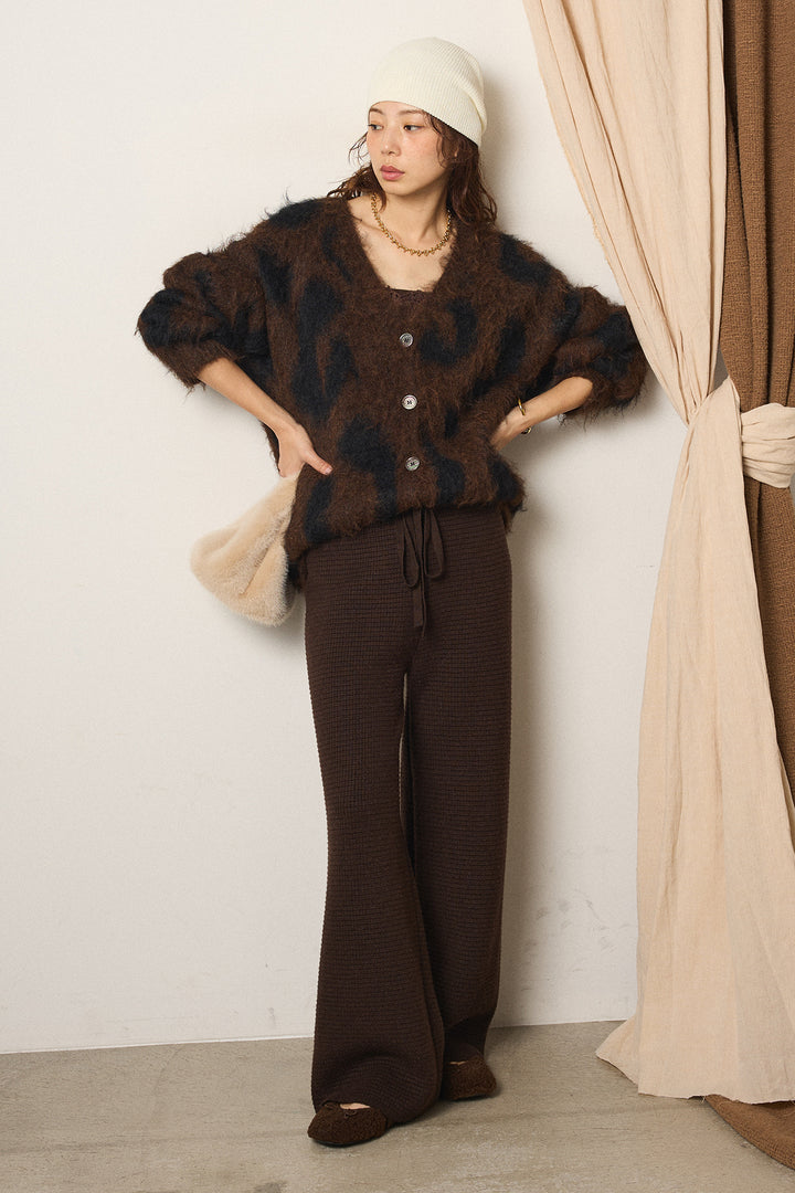 [SET]レオパードシャギータッチカーディガン+ワイドリブニットイージーパンツ(2set)