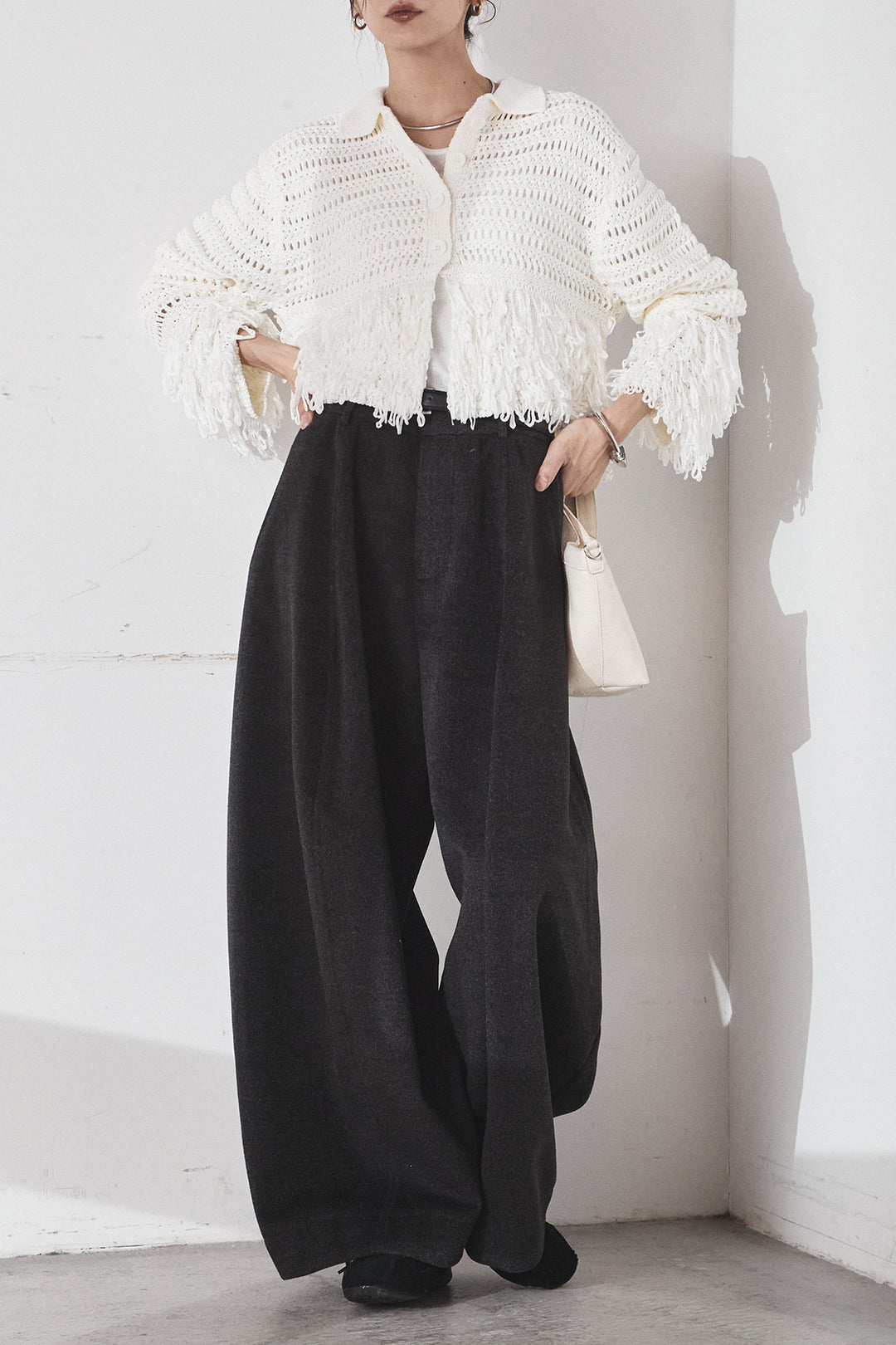 [SET]メッシュフリンジカーディガン+ウールタッチカーブワイドパンツ(2set)