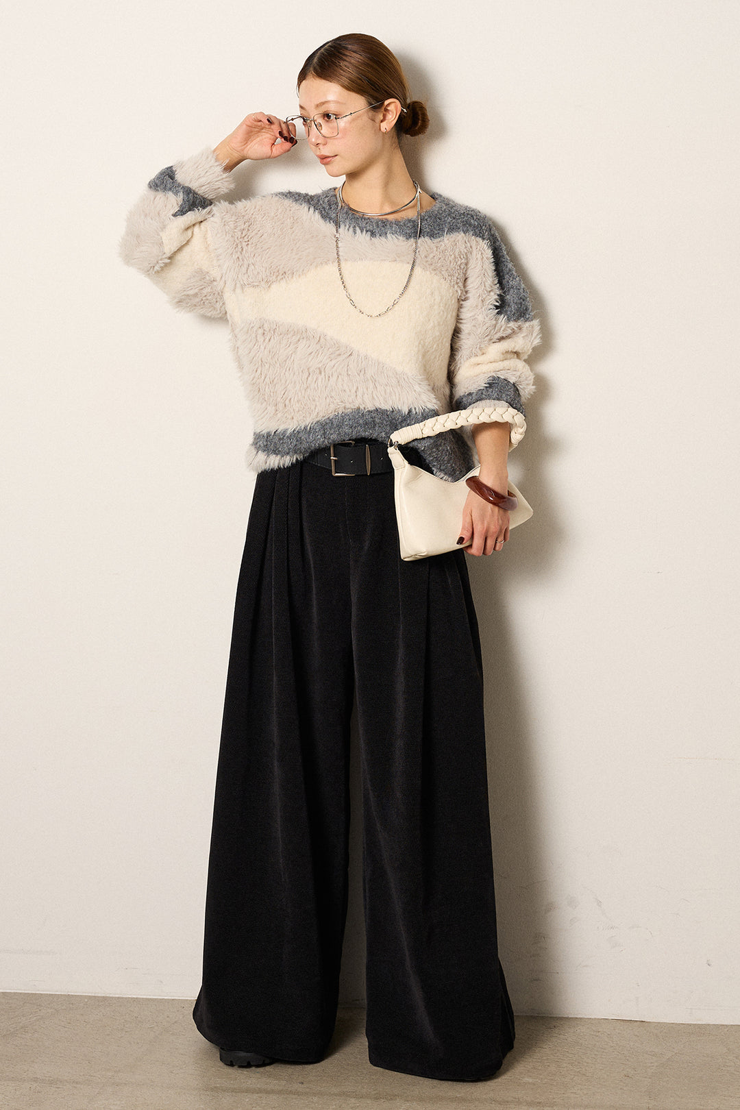 [SET]シャギーウェーブ柄クルーネックニットトップス+ベルトループコーデュロイワイドパンツ(2set)