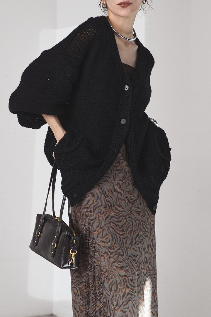 [SET]コード刺繍リラックスニットカーディガン+抽象柄ロングスカート(2set)