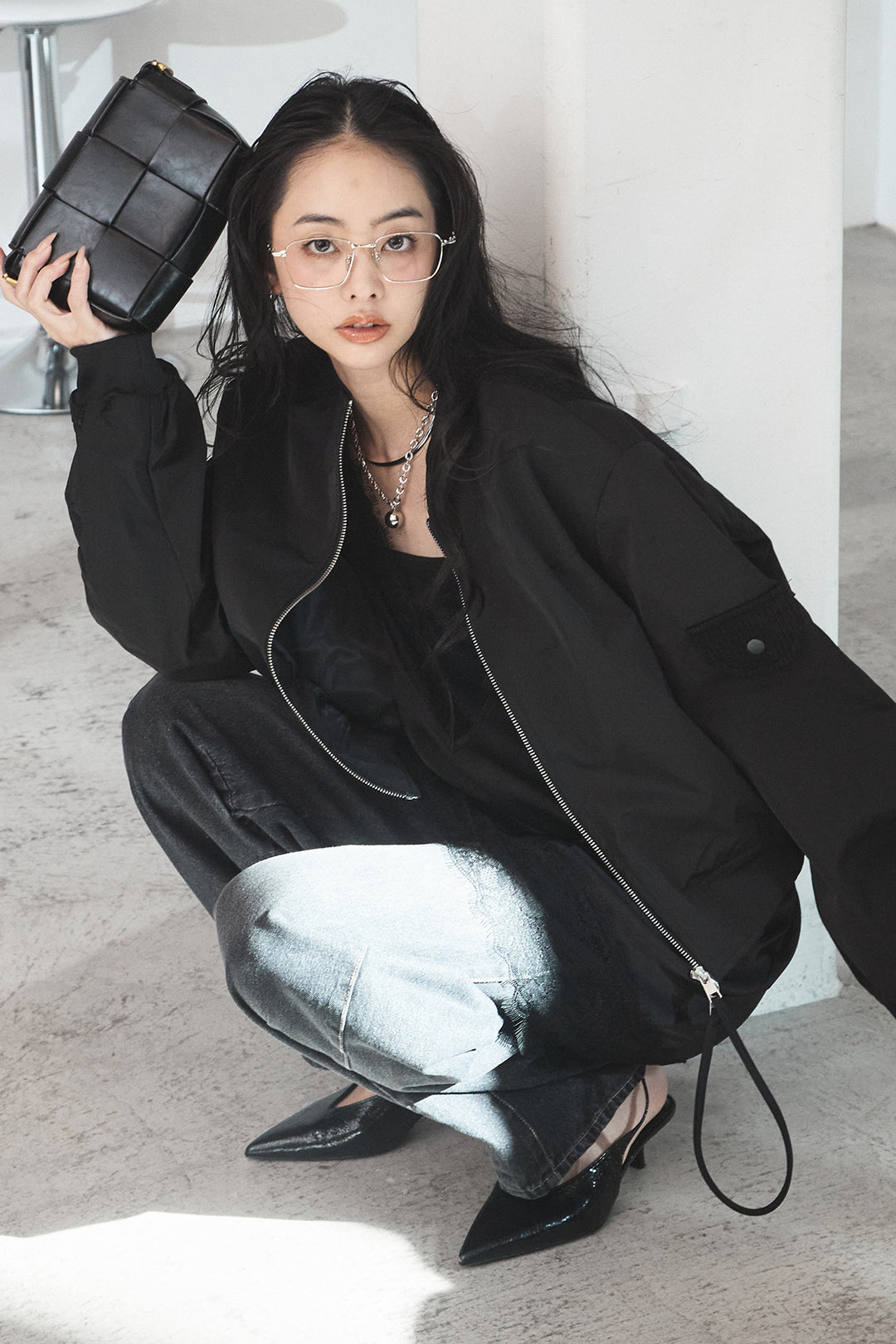 [SET]袖ギャザーデザインブルゾン+デニムアシメカーブパンツ(2set)