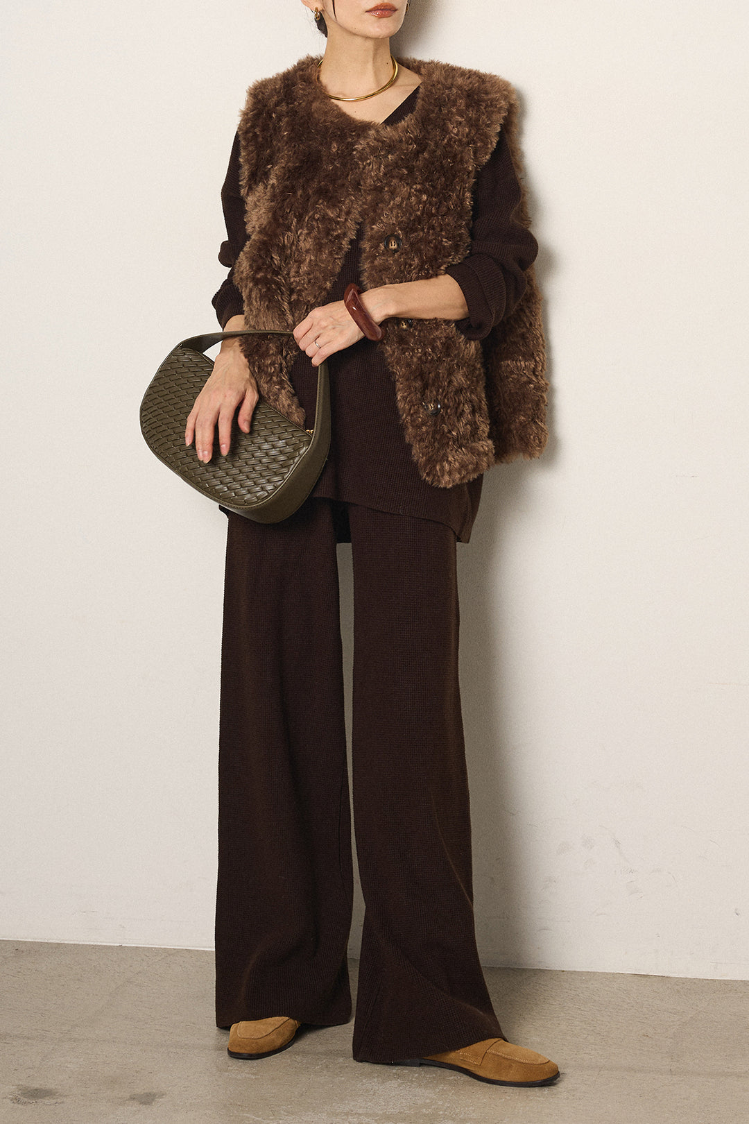 [SET]リラックスワッフルニットSETUP+ノーカラーエコファーベスト(2set)