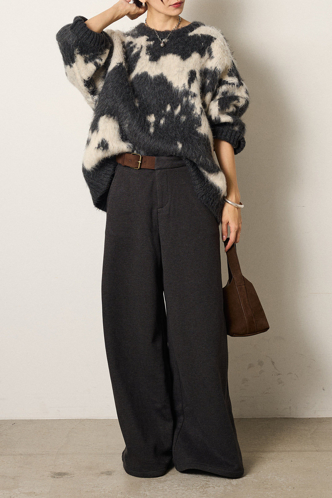 [SET]モヘアタッチマーブルニット+サイドベルトパンツ(2set)