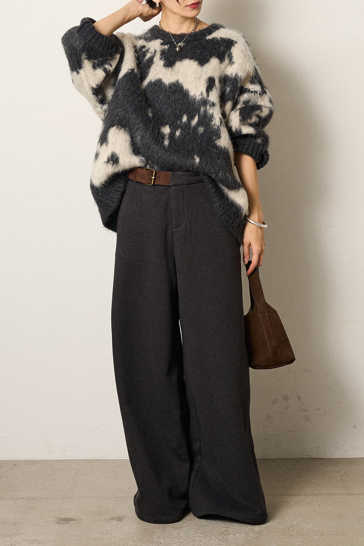 [SET]モヘアタッチマーブルニット+サイドベルトパンツ(2set)