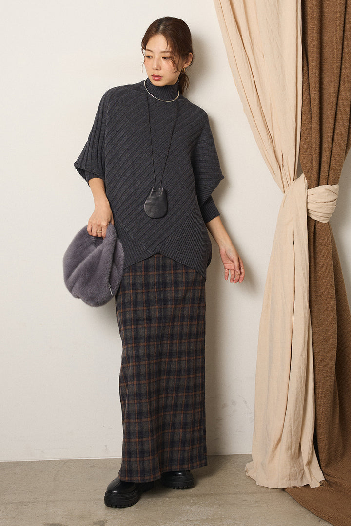 [SET]アシメデザインリブポンチョニットトップス+シャギーチェックストレートスカート(2set)