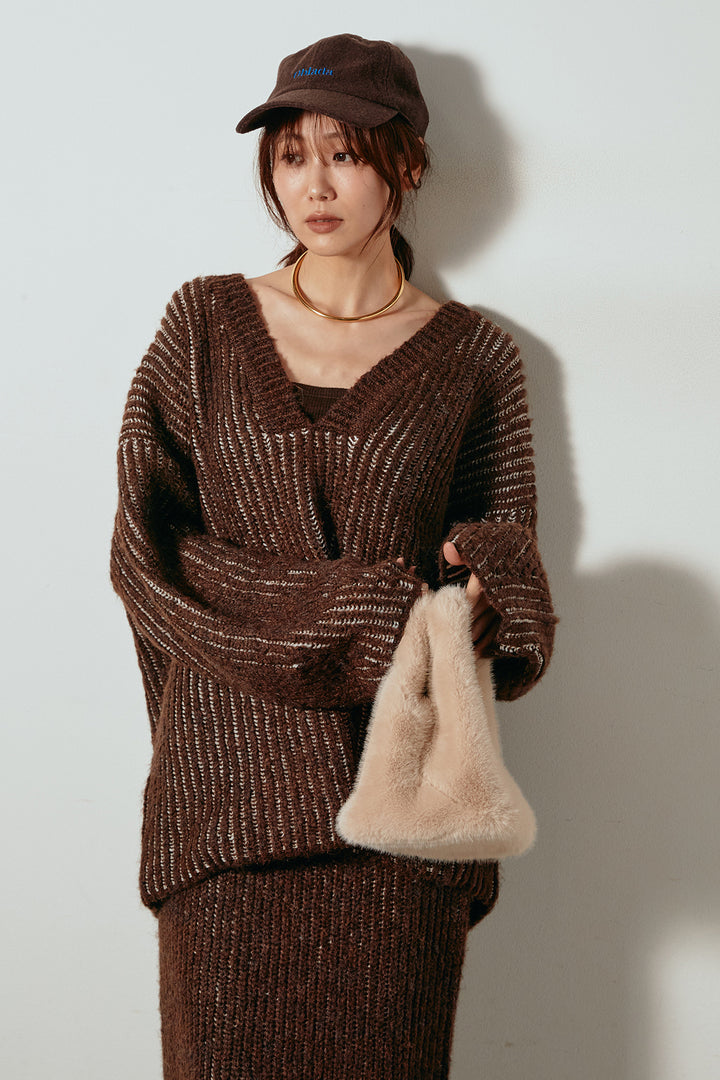 [SET]アルパカタッチ深Vニットトップス+アルパカタッチニットタイトスカート(2set)