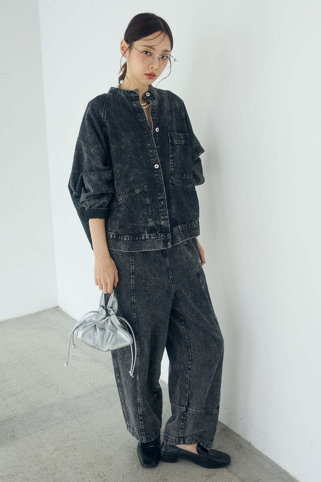 [SET]カラーデニムケミカル加工ノーカラーブルゾン+カラーデニムケミカル加工コクーンパンツ(2set)