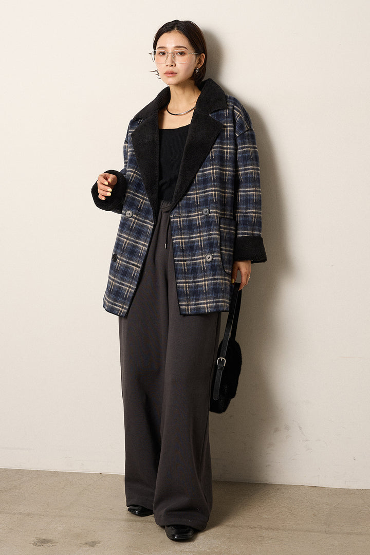[SET]裏地ボアタータンチェック柄ミディアムコート+裏起毛スウェットワイドパンツ(2set)