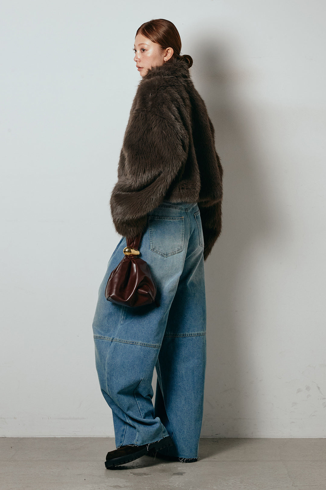 [SET]エコファーショート丈ブルゾン+加工デニムタックコクーンワイドパンツ(2set)