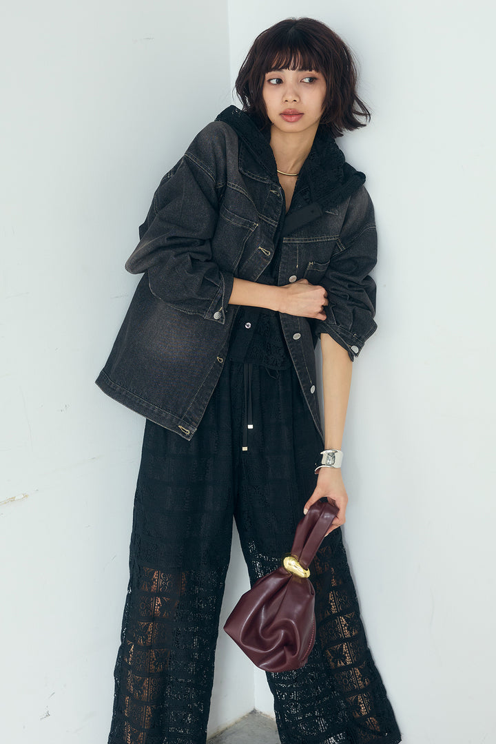 [SET]パッチワークレースショート丈フードシャツ+パッチワークレースイージーパンツ(2set)