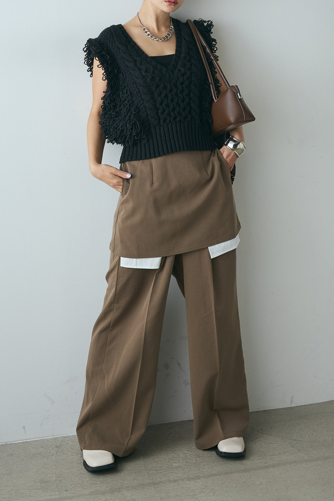 [SET]Vネックループフリンジニットベスト+ストレートパンツ＆ミニスカートセット(2set)