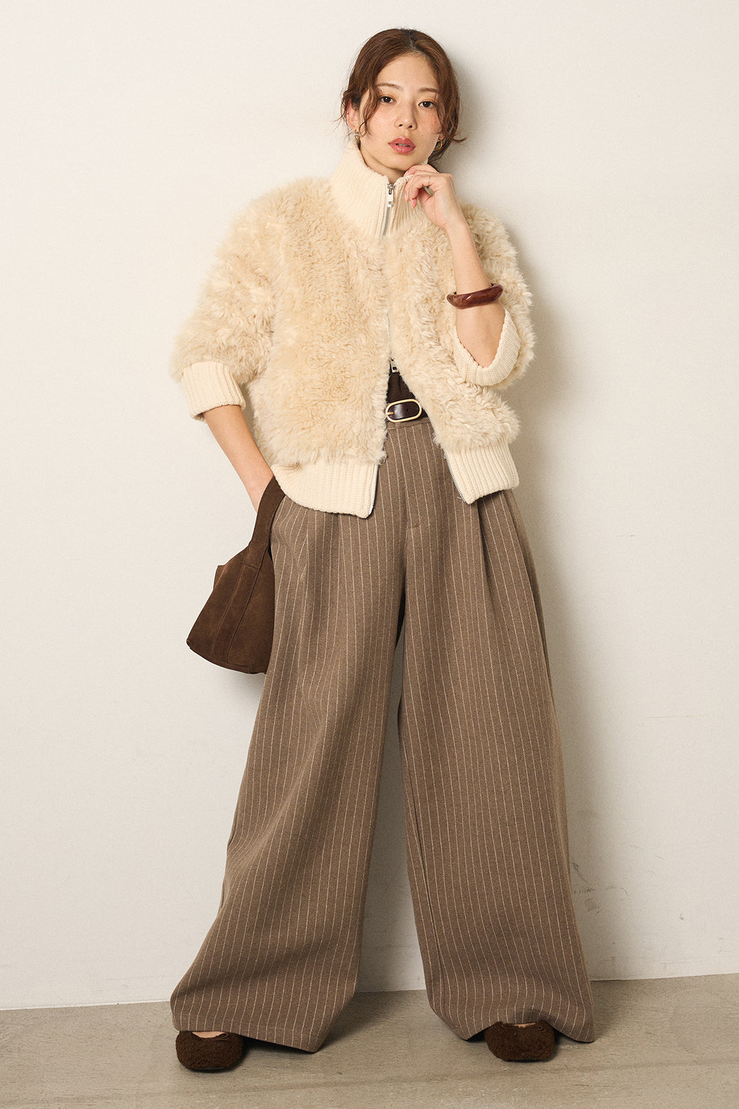 [SET]ハイネックボアブルゾン+ウールライクストライプパンツ(2set)