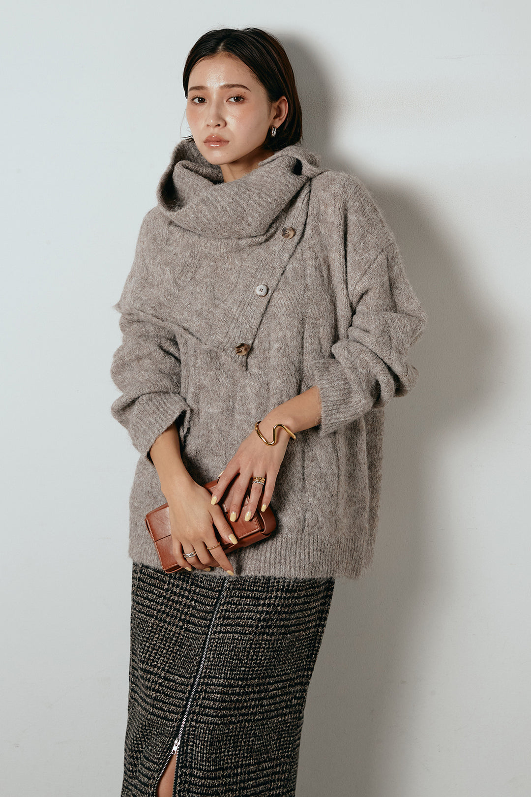 [SET]ケープデザインケーブルニットトップス+グレンチェック柄フロントジップタイトスカート(2set)