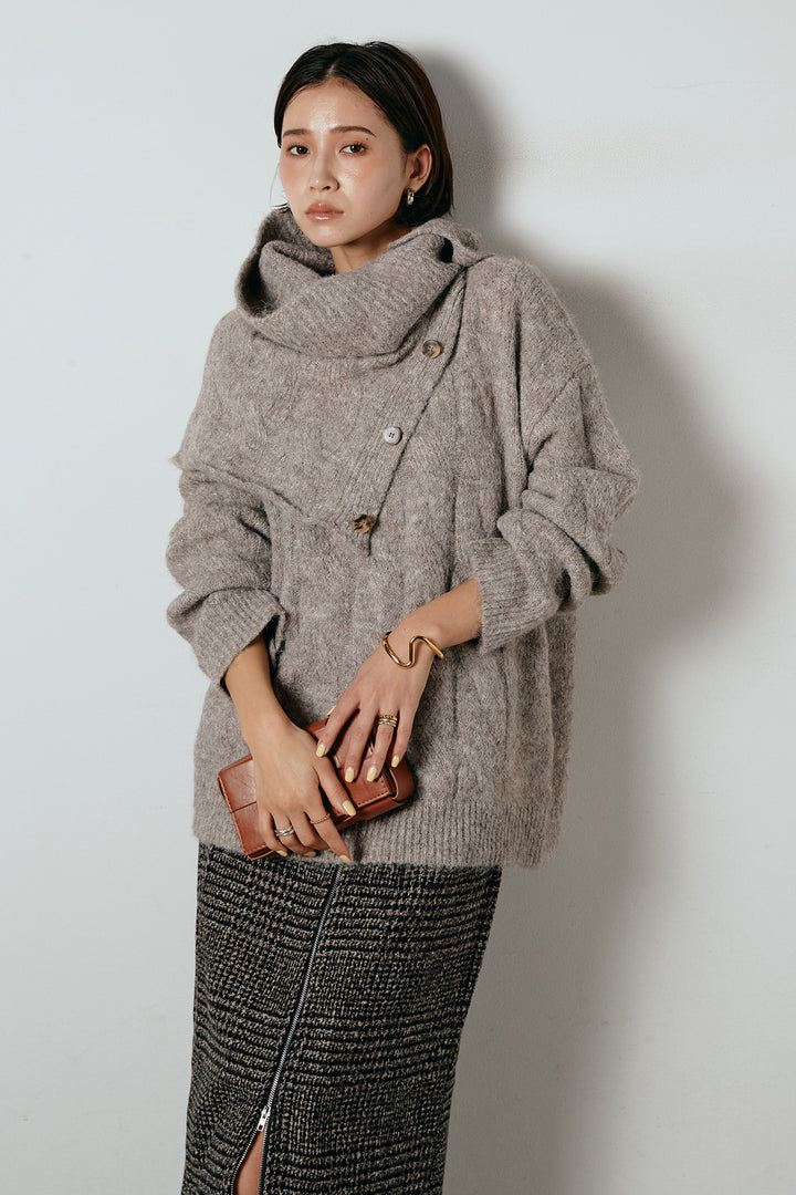 [SET]ケープデザインケーブルニットトップス+グレンチェック柄フロントジップタイトスカート(2set)