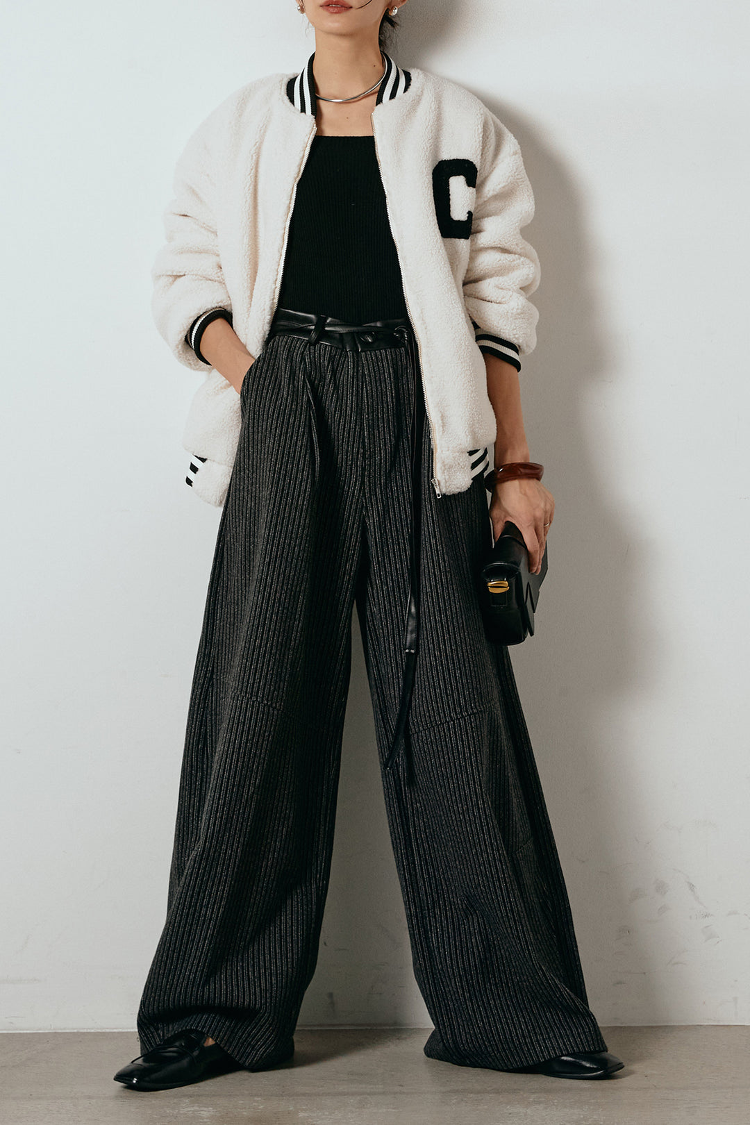 [SET]ロゴスタジャンボアブルゾン+レザーライク配色ストライプパンツ(2set)