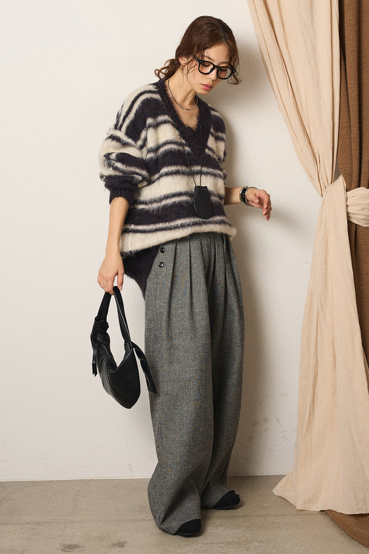 [SET]ルーズVネックボーダーニットトップス+サイドボタンツイードタックパンツ(2set)