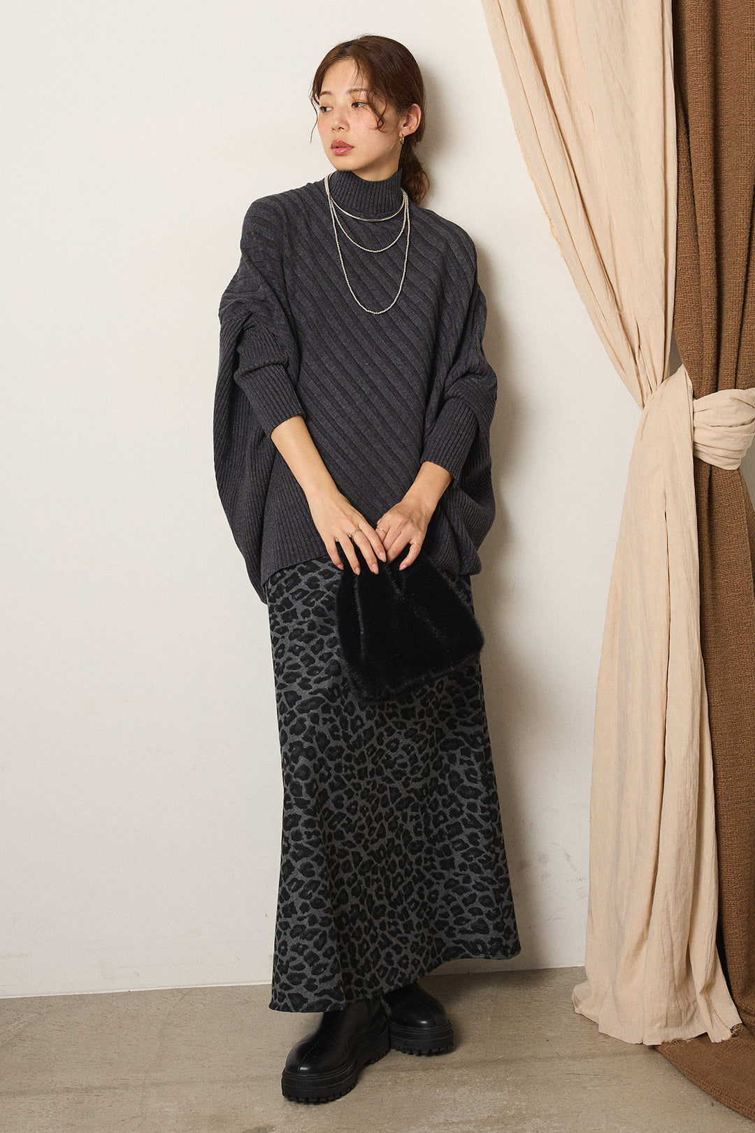 [SET]アシメデザインリブポンチョニットトップス+レオパードロングスカート(2set)