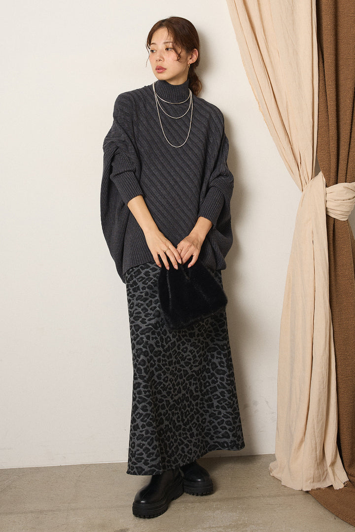 [SET]アシメデザインリブポンチョニットトップス+レオパードロングスカート(2set)