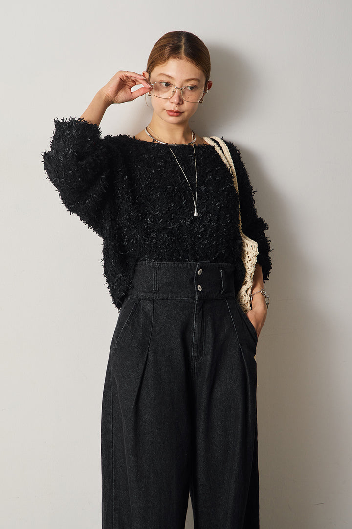 [SET]チョウチョヤーンニットクロップドプルオーバー+カラーデニムハイウエストワイドストレートパンツ(2set)
