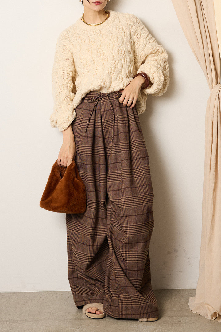 [SET]ケーブルリラックスショートニット+グレンチェックルーズタックパンツ(2set)