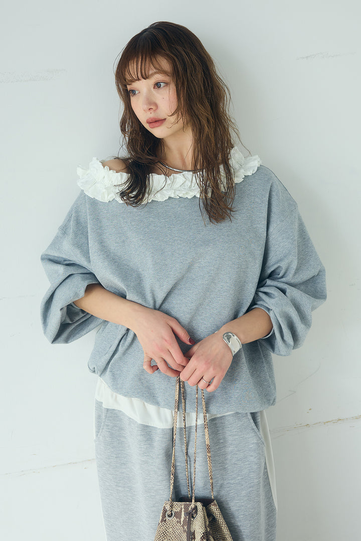 [SET]ネックギャザーフリルスウェット+異素材切り替えスウェットパンツ(2set)