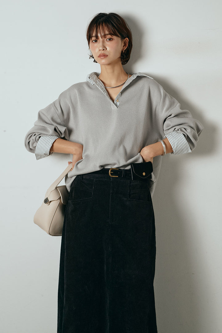 [SET]ストライプシャツドッキングポロトップス+ポーチベルト付きコーデュロイワイドスカート(2set)