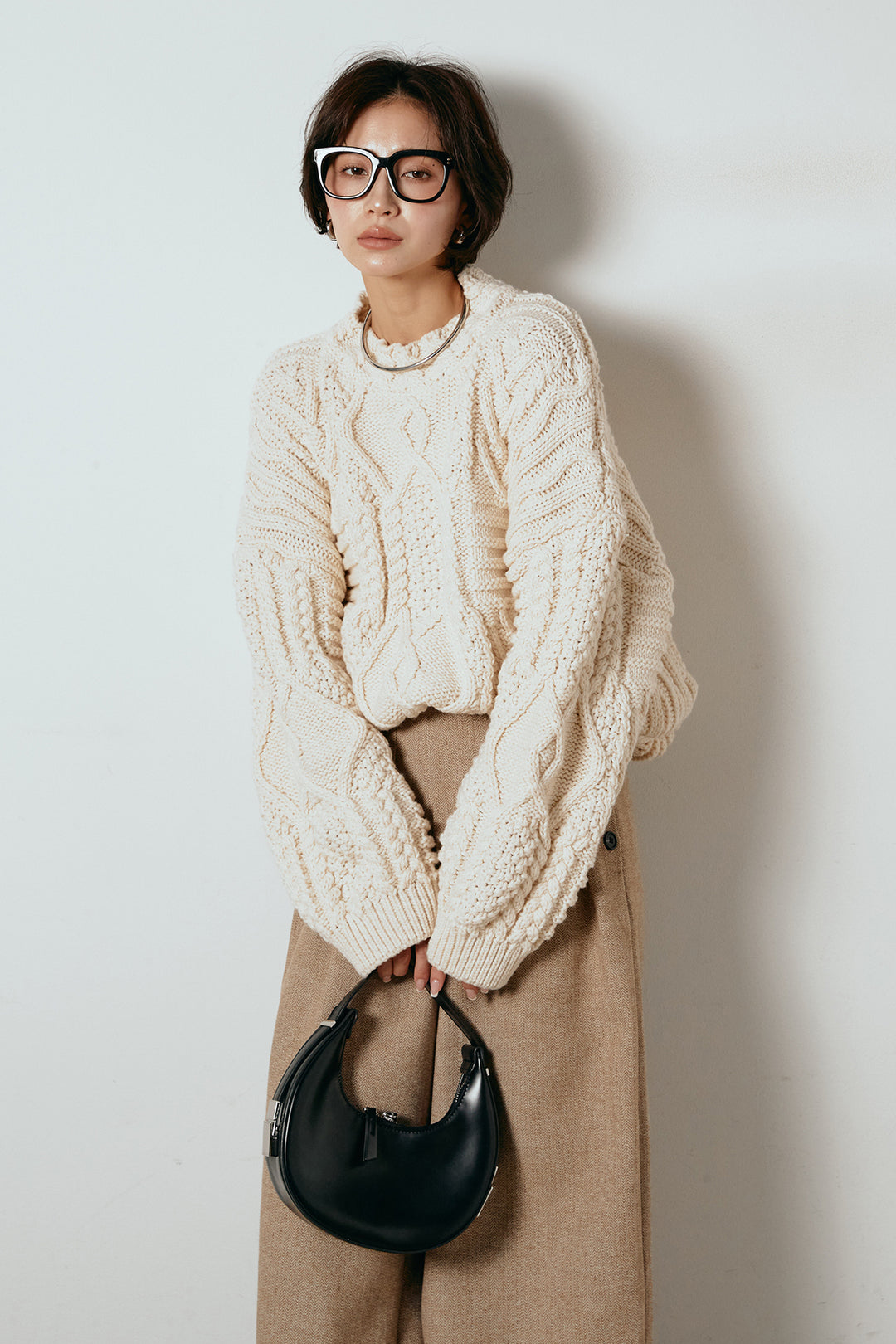 [SET]アラン柄ミックスケーブルニット+サイドボタンツイードタックパンツ(2set)