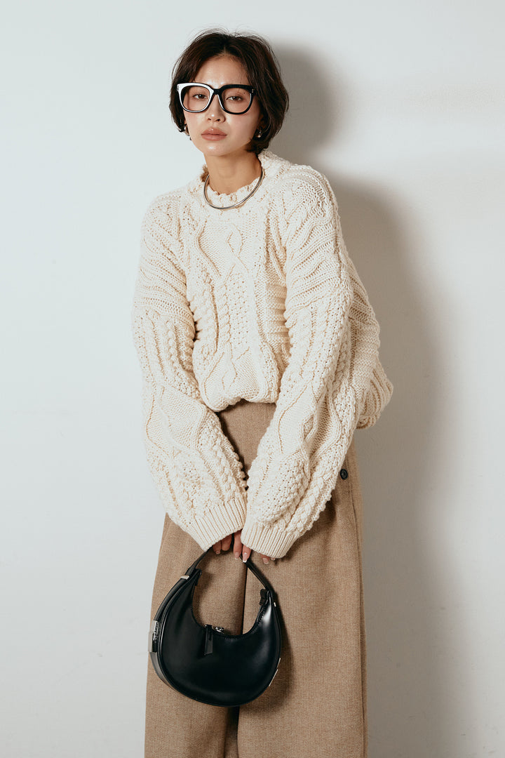 [SET]アラン柄ミックスケーブルニット+サイドボタンツイードタックパンツ(2set)